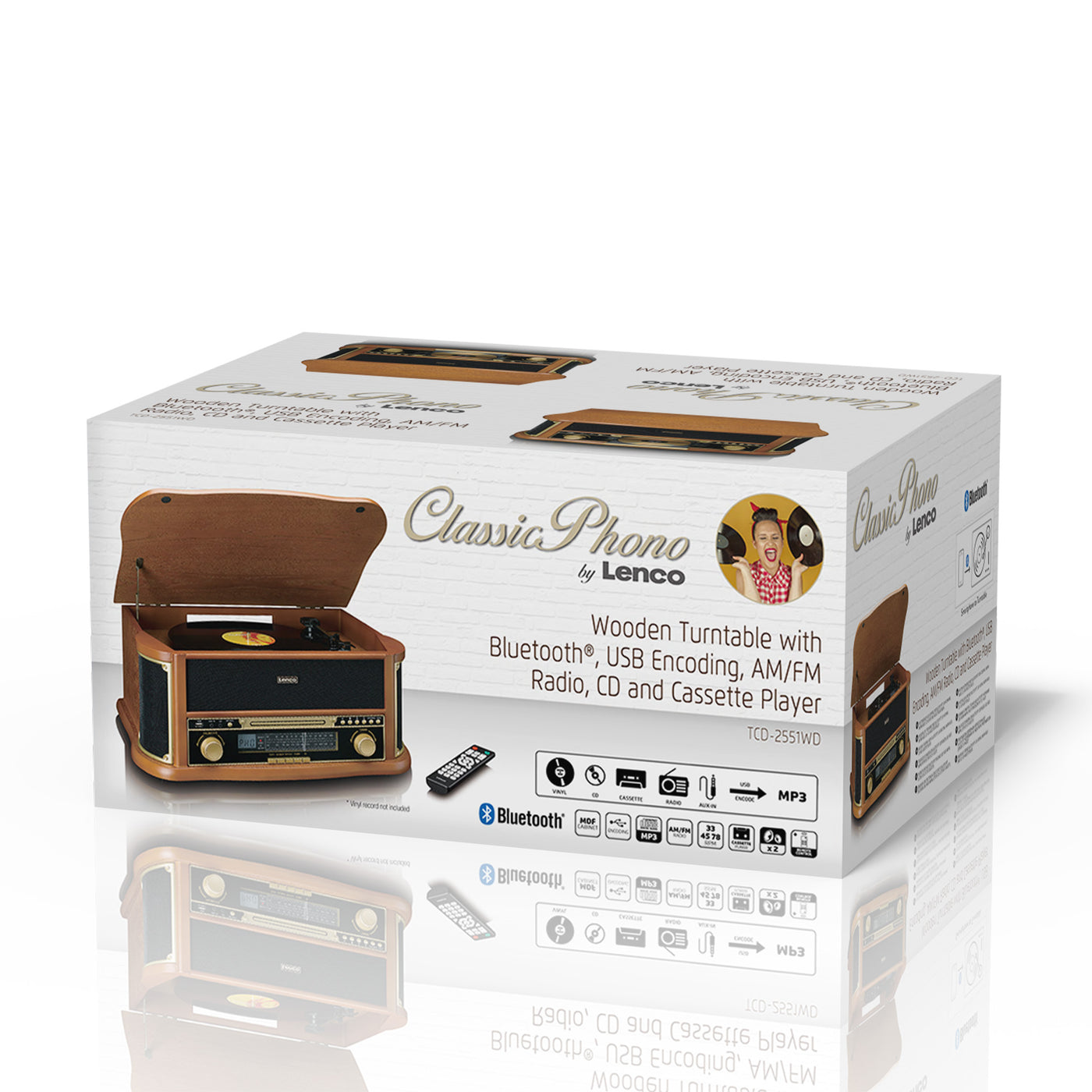 CLASSIC PHONO TCD-2551WD - Houten retro platenspeler met Bluetooth®, AM/FM Radio, USB encoding, CD-speler, Cassettespeler en ingebouwde speakers - Hout