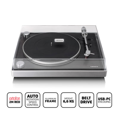 LENCO L-455BK - Record player with visible belt drive, brushed aluminium frame and Ortofon 2M RED cartridge - Black