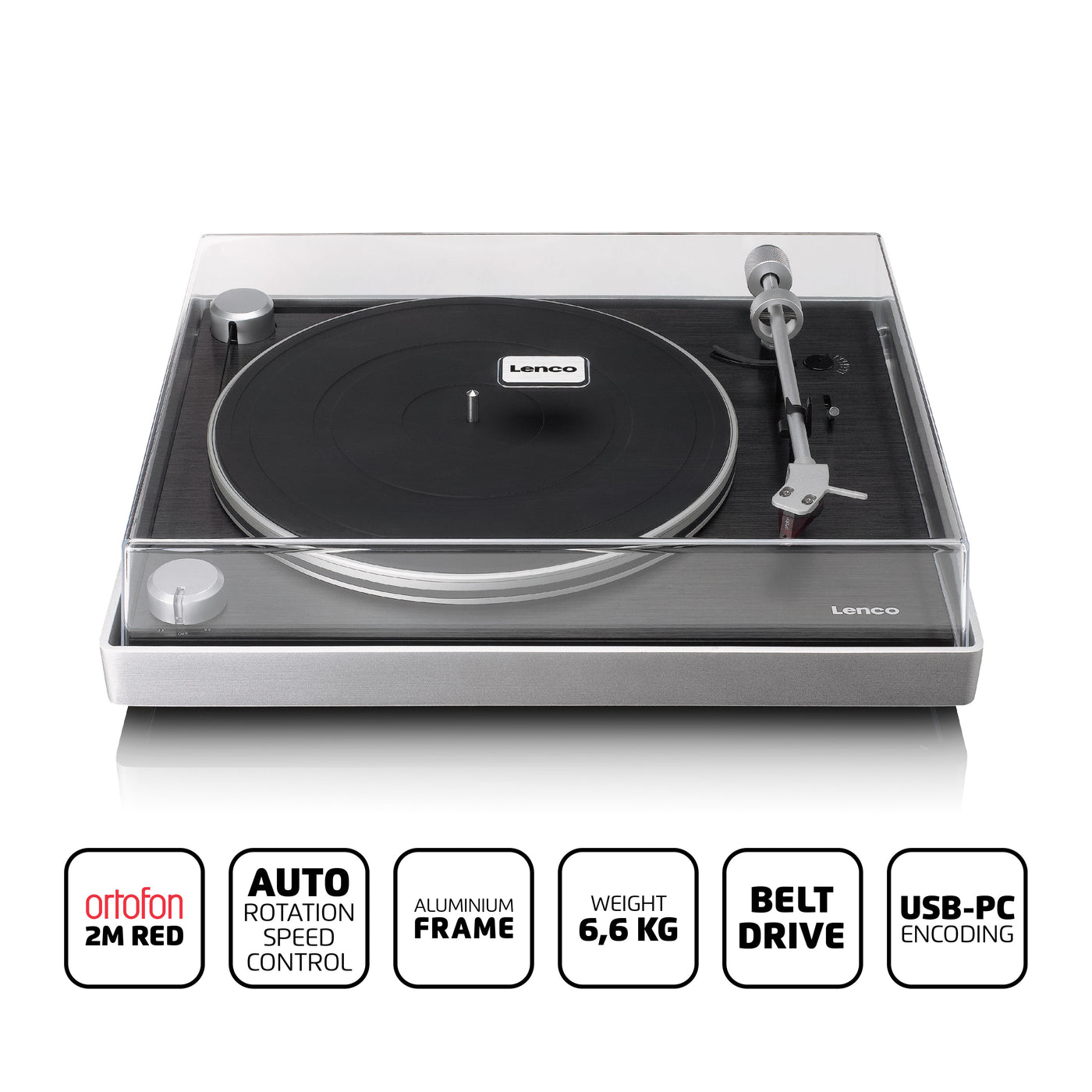 LENCO L-455BK - Record player with visible belt drive, brushed aluminium frame and Ortofon 2M RED cartridge - Black