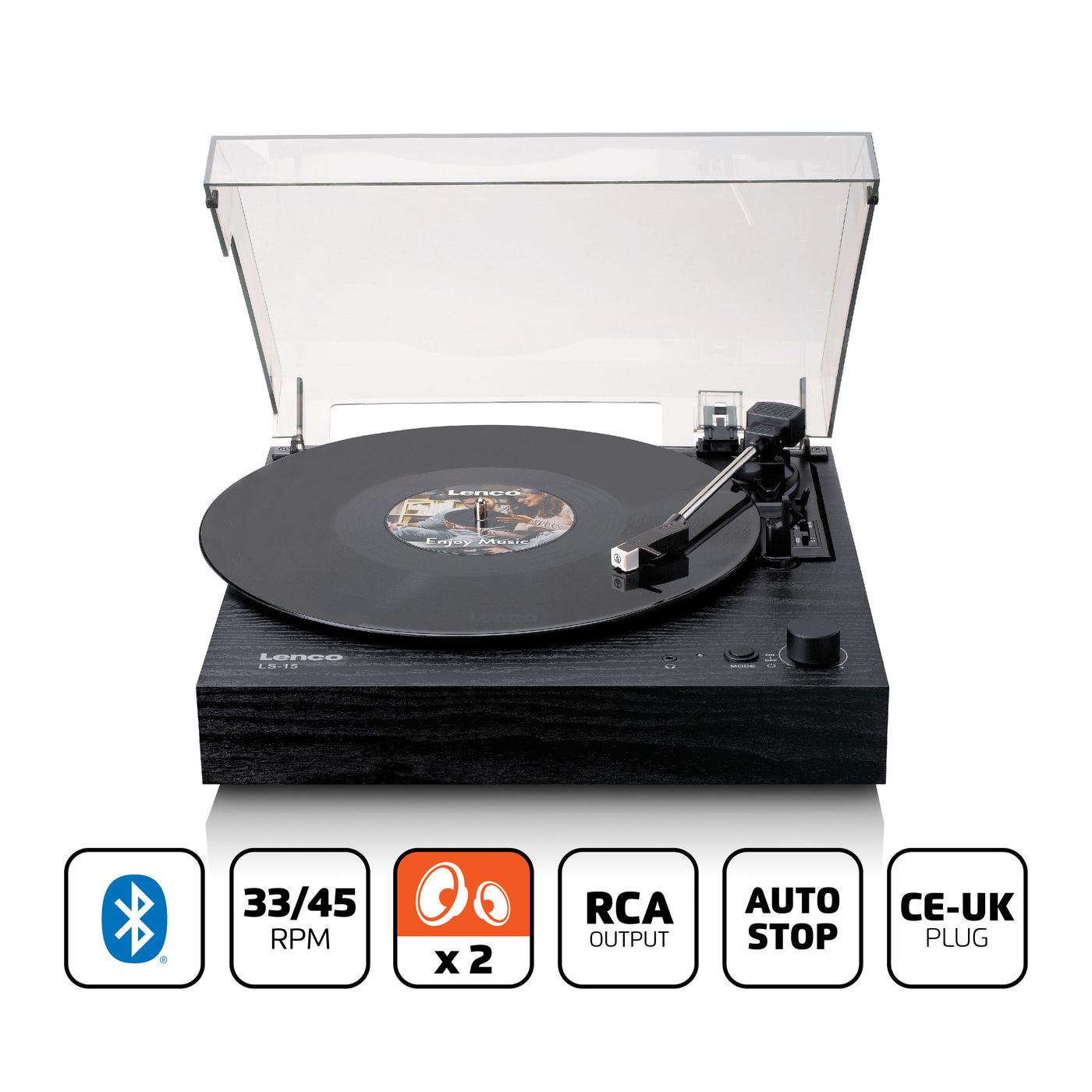 LENCO LS-15BK - Record player with Bluetooth®, two built-in speakers, and AT3600L cartridge - Black