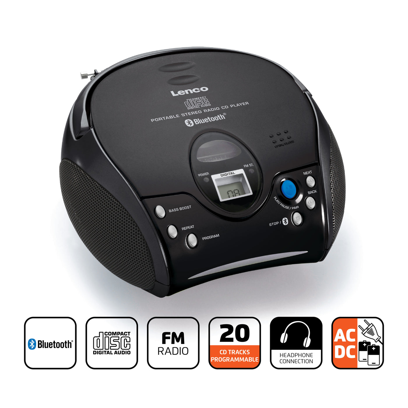 LENCO SCD-32BT - Draagbare CD-speler met FM radio en Bluetooth®, zwart