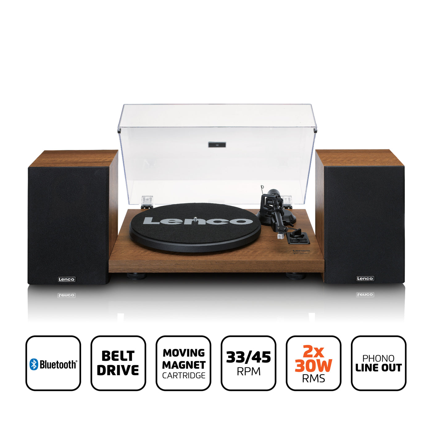 LENCO LS-480WD - Record player with built-in amplifier and Bluetooth® plus 2 external speakers - Wood