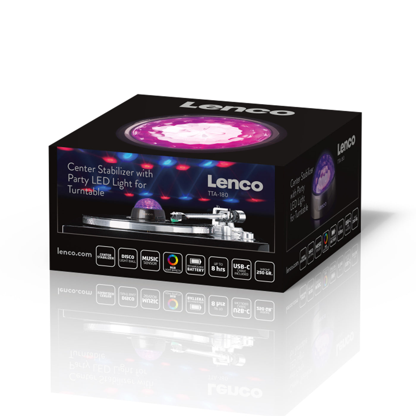 LENCO TTA-180TN - Platenstabilisator met RGB lichteffecten - Platenspeler aandrukgewicht 250g en discobal in één - Titanium