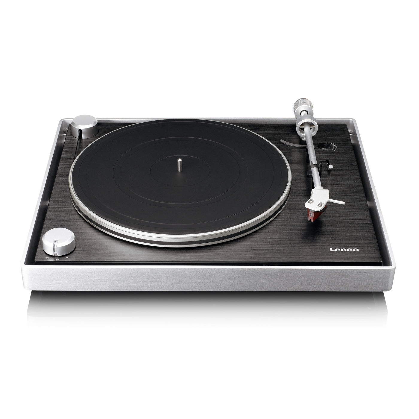 LENCO L-455BK - Record player with visible belt drive, brushed aluminium frame and Ortofon 2M RED cartridge - Black