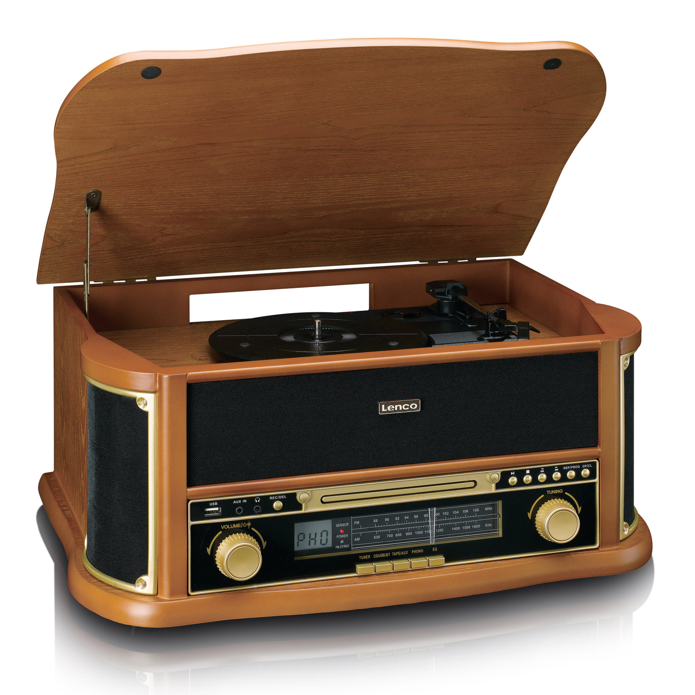 CLASSIC PHONO TCD-2551WD - Houten retro platenspeler met Bluetooth®, AM/FM Radio, USB encoding, CD-speler, Cassettespeler en ingebouwde speakers - Hout