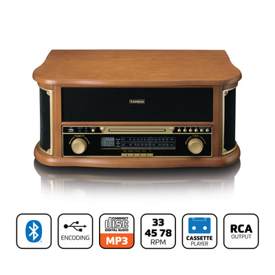 CLASSIC PHONO TCD-2551WD - Houten retro platenspeler met Bluetooth®, AM/FM Radio, USB encoding, CD-speler, Cassettespeler en ingebouwde speakers - Hout